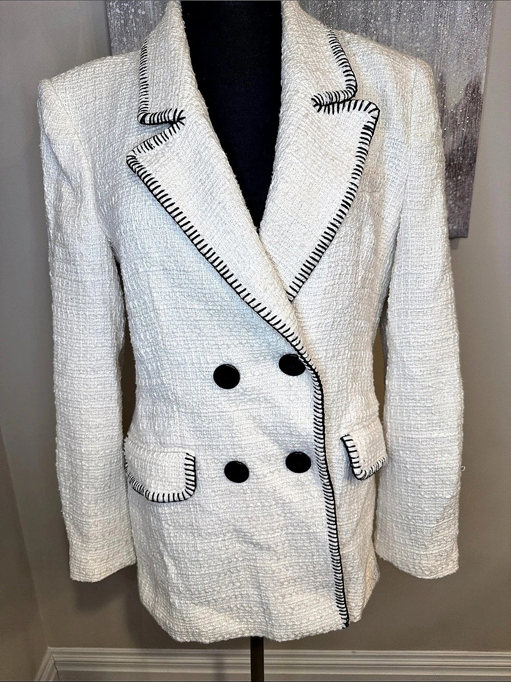 Zara Boucle Double Breasted Blazer in White Size Medium